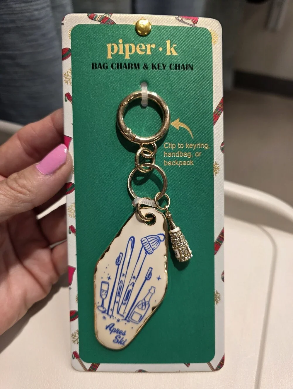 Apres Ski: Piper Gold & Cream Bag Charm Key Chain w Champagne Sparkle Charm NWT